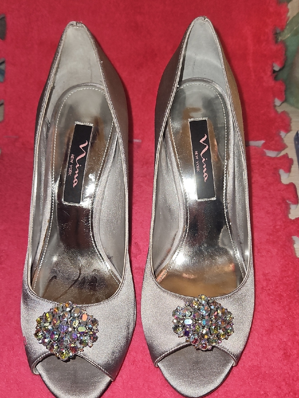 Nina Metallic Silver Jeweled Peep Toe Heels